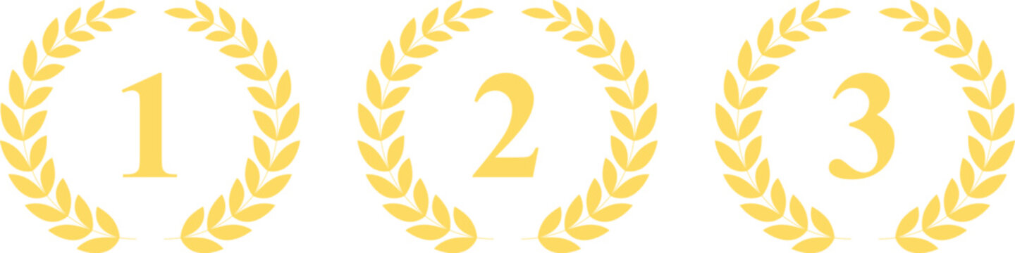 Golden laurel wreaths with numbers 1 2 and 3 isolated on transparent background