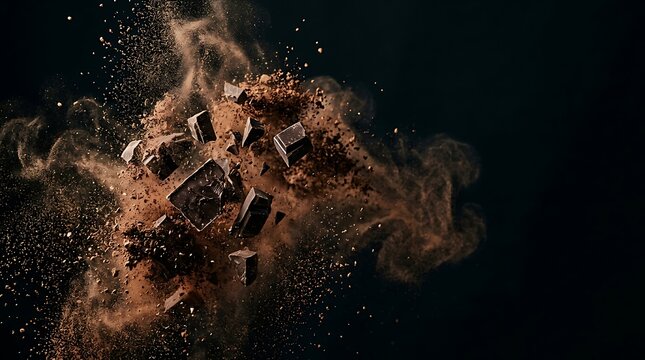 Dark chocolate pieces exploding with cocoa powder on black background