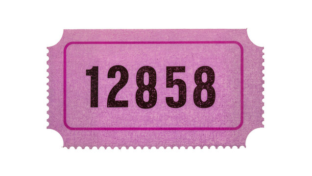 Purple raffle ticket with perforated edges and number 12858, isolated on transparent background
