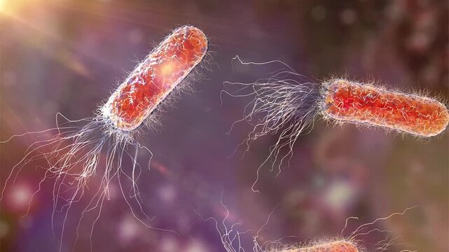 Pseudomonas aeruginosa bacteria, 3D animation showing slowly rotating gram-negative rod-shaped cells, illustrating opportunistic pathogen and biofilm formation.