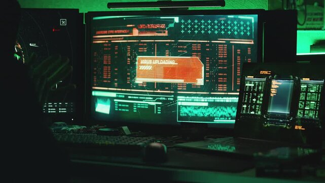 Hacker uploading malicious software to breach a secure database, cyber crime