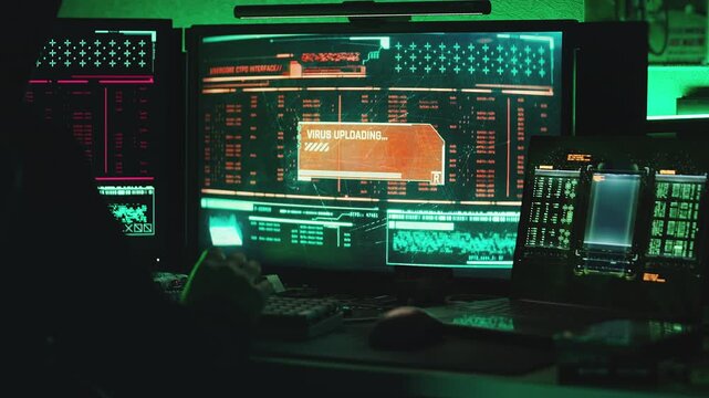 Cybercriminal uploading computer virus to breach database, online crime