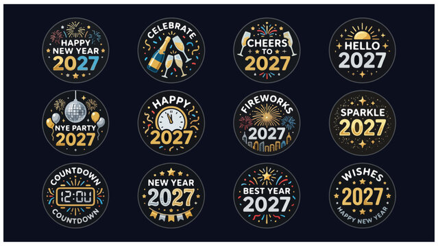 Circular happy new year 2027 decorative label collection with circular stickers celebration greeting illustration seasonal typography champagne fireworks countdown midnight decorations