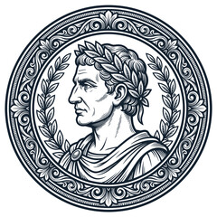 Ornate profile portrait of a Roman emperor in wreath. © Everest