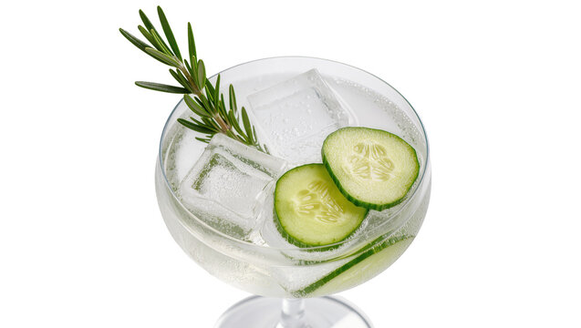 Clear gin cocktail with ice cucumber slices and rosemary sprig, isolated on transparent background