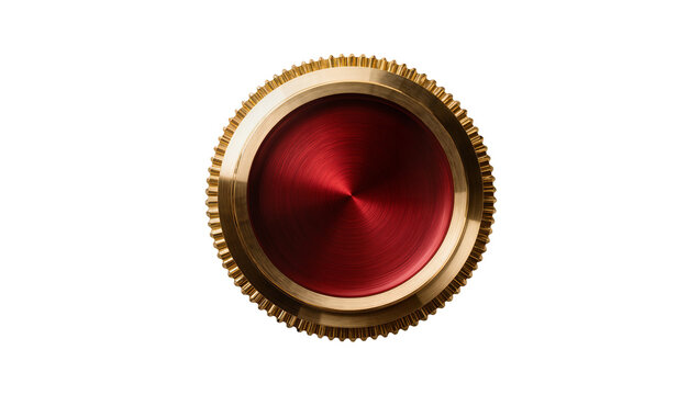 Circular brass knob with red metallic center, isolated on transparent background