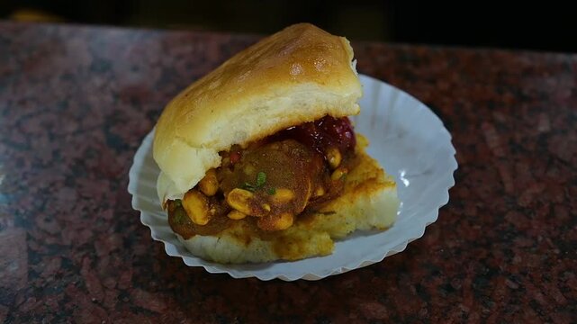 Dabeli a spicy-sweet Gujarati street snack made with masala potato stuffed in pav and topped with chutneys and sev
