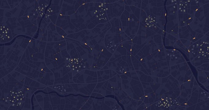 Urban street grid with animated vehicle markers and orange delivery routes