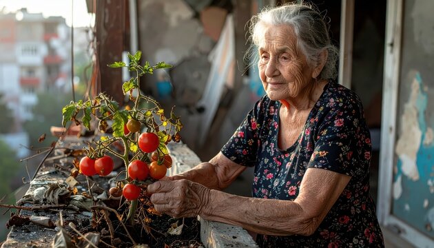Elderly woman carefully tending to a single ripening tomato plant on her weathered balcony, a symbol of nurturing life and home cultivation.