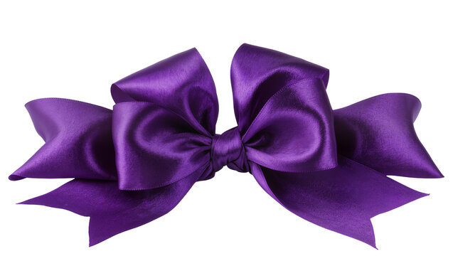 Shiny purple satin ribbon bow with flowing tails, isolated on transparent background