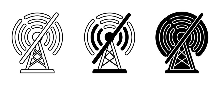 Signal Jammer Icon Set, Radio Tower No Signal Vector Graphics, Communication Blocked Symbols