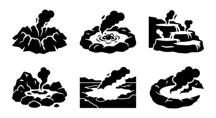 Obraz premium Volcano Eruption Icons, Geothermal Activity Set, Lava Flow and Hot Spring Vector Graphics, Natural Disaster Symbols