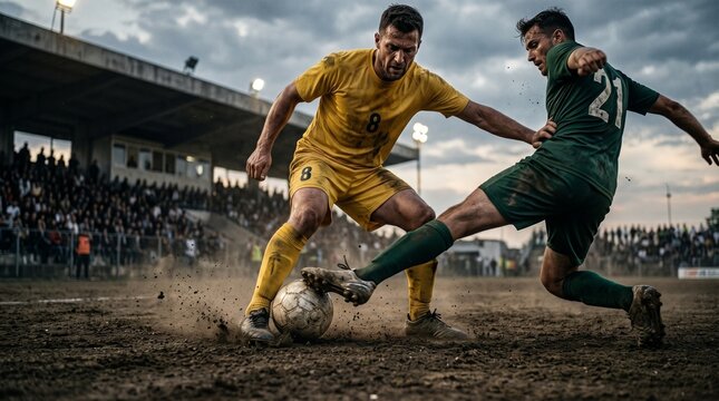 Two male athletes compete for the ball during a gritty outdoor soccer match on a dirt field soccer player in a yellow jersey and player in a green jersey.