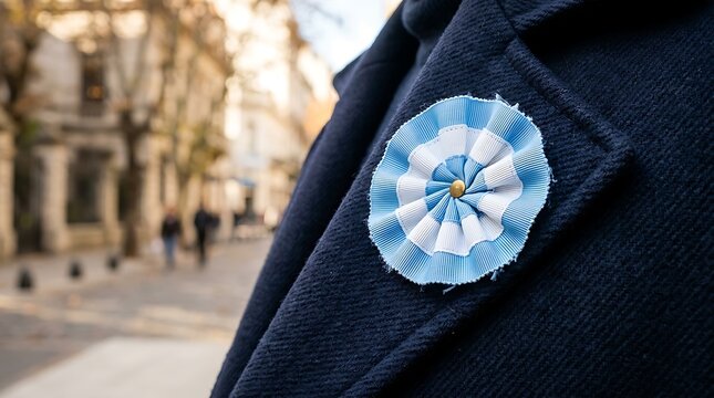 Close up of argentine cockade pinned on a dark blue coat lapel