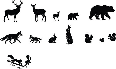 Forest Wildlife Animal Silhouette Set with Deer Bear Fox Rabbit and Squirrel Vector Collection Design © MdShahin