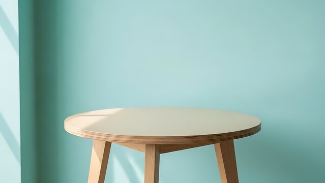 Minimalist wooden stool with round seat and three legs against teal background