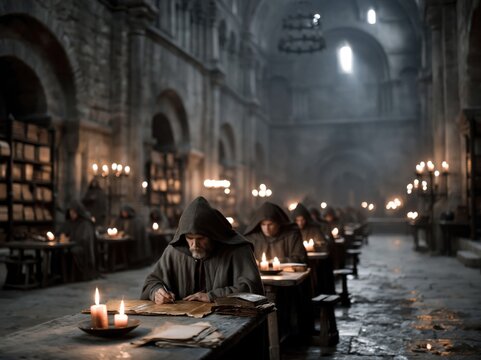 Monks writing manuscripts in a dimly lit monastery hall