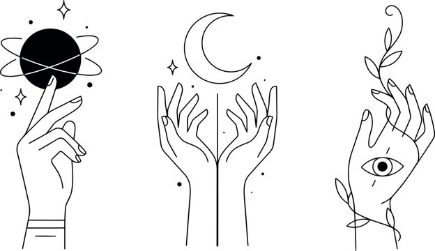 Mystical Celestial Hands Line Art Vector Set with Crescent Moon Planet Evil Eye and Botanical Elements Isolated on White Background