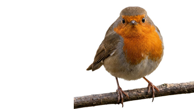 European robin perched on a branch detailed plumage on transparent background
