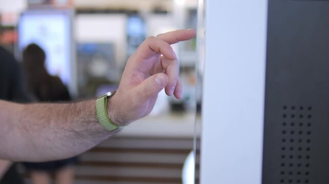 Hand interacts with modern kiosk screen. Person wears green wristband. Background shows blurred indoor public space. Focus on precise, intentional touch. Suitable for retail, technology