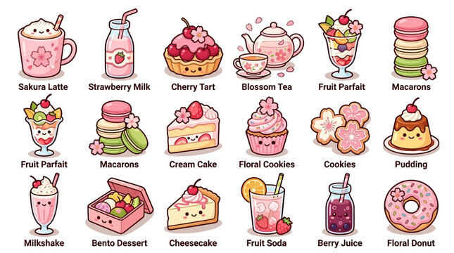 Cute anime-inspired vector icon set featuring cherry blossom season cafe menu, 16 separate objects including sakura latte, strawberry milk, cherry tart, blossom tea, fruit parfait, macarons, cream 
