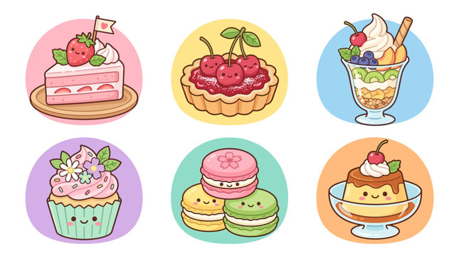 Cute anime-inspired vector icon set featuring 6 spring desserts including strawberry cake, cherry tart, fruit parfait, floral cupcake, macarons, and pudding cup