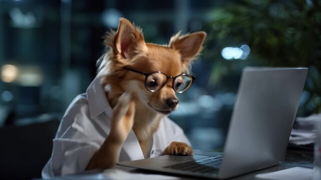 Chihuahua wears glasses and a white shirt