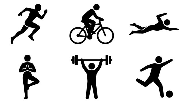Six Silhouette Sports Icons: Running, Cycling, Swimming, Yoga, Weightlifting, Soccer. Active Lifestyle Vector Graphics for Health and Fitness.