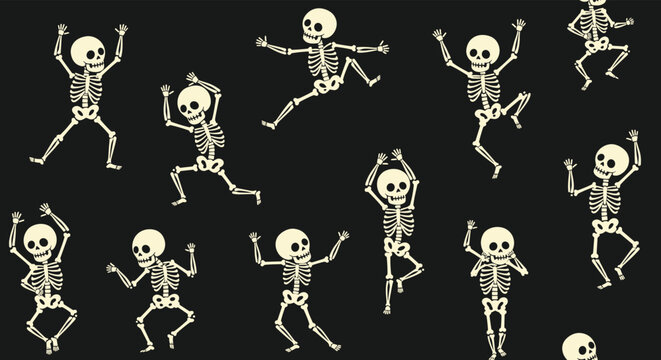 Fun seamless pattern featuring animated skeletons in various dancing poses against a solid black background for halloween themes.