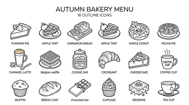 Premium outline vector icon set featuring autumn bakery menu, 16 separate objects including pumpkin pie, apple tart, cinnamon bread, maple donut, caramel latte, pecan pie, cookie jar, croissant