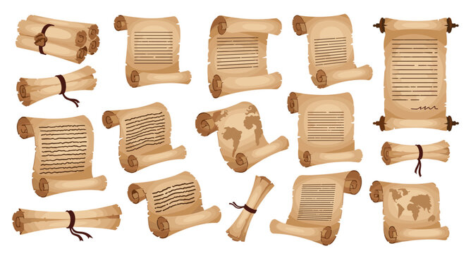 Collection of vintage parchment paper scrolls featuring ancient text, wax seals, and world map illustrations for historical themed designs.