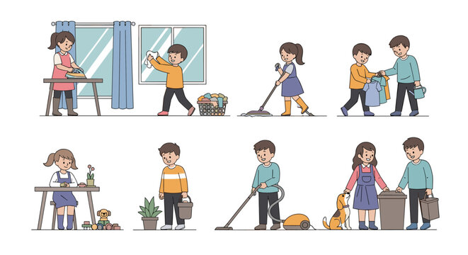 Young kids helping with domestic housework such as ironing, cleaning, vacuuming, and taking out the trash in various home scenarios.