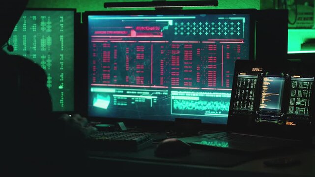 Anonymous hacker infecting a system with malware to breach a database