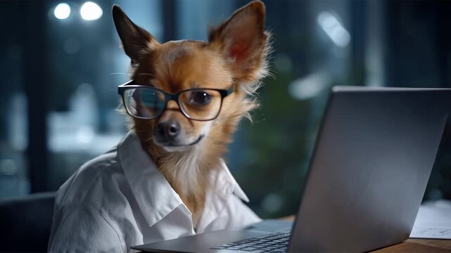 Smart dog wears glasses, sits at laptop