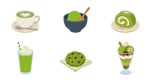 Premium flat vector icon set featuring 6 matcha-themed cafe items including matcha latte, matcha ice cream, matcha roll cake, matcha smoothie, matcha cookie, and matcha parfait, trendy cafe aesthetic