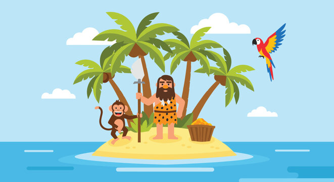Cartoon caveman standing on a small tropical desert island with a pet monkey, a colorful parrot, and a basket of fruit.