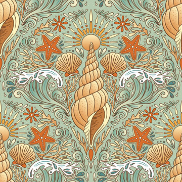 Vintage Boho Shell Seamless Pattern Starfish Wave Sun Seashell Coastal Intricate Sea Summer Background