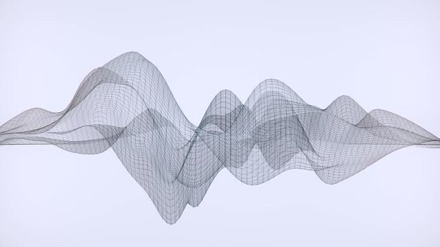 Dynamic abstract 3D wireframe mesh grid undulating and flowing smoothly like a digital sound wave or data visualization on a clean white background, representing technology and innovation.