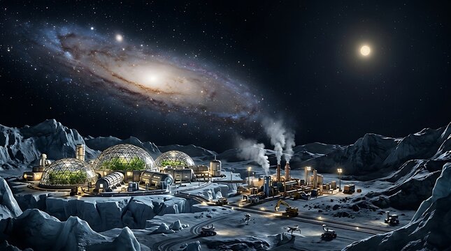 Futuristic planetary colony with greenhouses and industrial complex