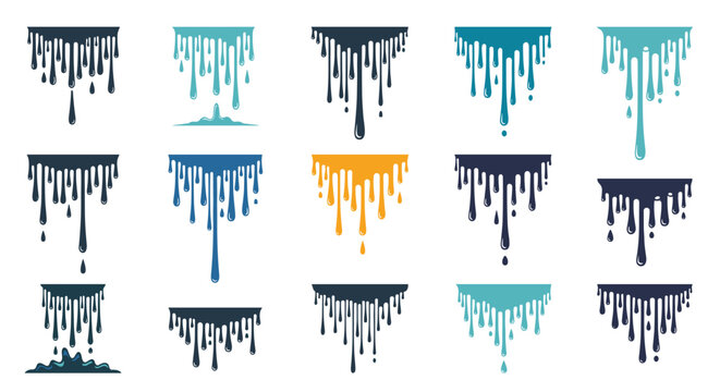 Set of colorful dripping liquid and paint splash icons in various styles perfect for creative graphic design elements.
