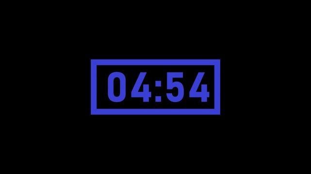 05 minute to 04 minute blue color countdown inside the rectangle on black background.Five minute to four minute countdown animation.