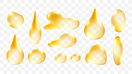 Plakat Golden Liquid Drops 3d Set Realistic Honey Oil drop Serum Glossy Vector Element Collection