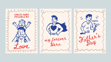 Obraz na płótnie Canvas Happy Father's Day Dad Greeting Doodle Vintage Sketch Card Set. Holiday Vector Chalk Poster Superhero Dad, Barbecue Moment, and Family Love from Son or Daughter