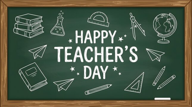 Happy teacher's day chalkboard illustration with school supplies
