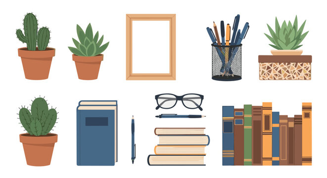 Workspace flat lay illustration includes potted succulents, books, glasses, and pens on an organized office desk surface.