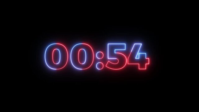 Abstract new red and blue glowing neon 1 minute countdown animation from 60 seconds to 0 seconds on a black background.One minute countdown timer.