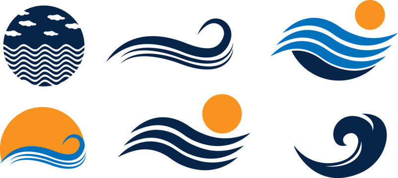 Collection of modern ocean and wave logos featuring stylized sea currents, sunsets, clouds, and abstract marine symbols in blue and orange vector designs.