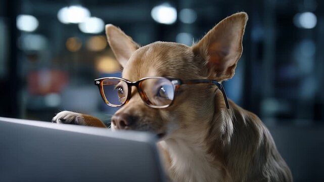 Chihuahua wears glasses, focused on laptop