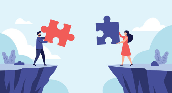 Man and woman standing on separate cliffs holding large puzzle pieces to bridge the gap symbolizing teamwork and problem solving.