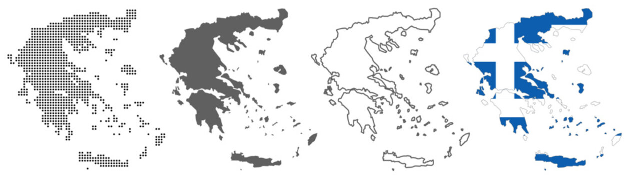 Greece country map vector set with dotted pattern solid silhouette outline and national flag illustration
